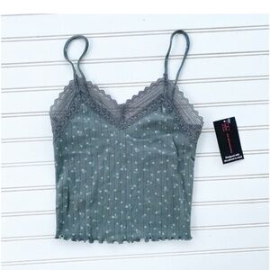No Boundaries Cami Top Small S Sage Green Floral Lace Trim Lettuce Hem NWT